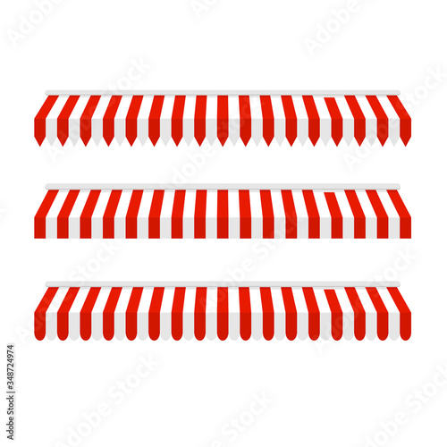 red striped awning isolated on white background, realistic vector mockup. Canopy for restaurant, cafe, hotel or store. Tent roof, template for design