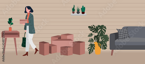 Women delivered packet in box order by customer modern flat cartoon. Classic retro living room