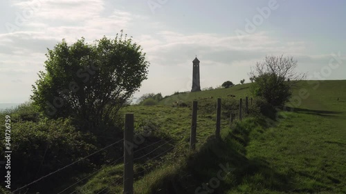 Jib up reveal the William Tyndale obelisk monument memorial in England. Large tower. photo