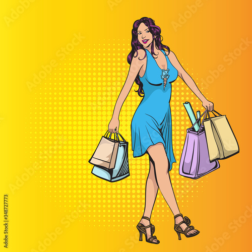 Women enjoy shopping, big discounts, buying products and gifts.She carried a paper bag filled with both hands.Pop art retro vector illustration vintage kitsch
