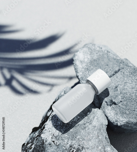Natural Cosmetic product presentation template. Grey stones and palm leaf shadow blanc cosmetic jar. White bbackground. 3d illustration content