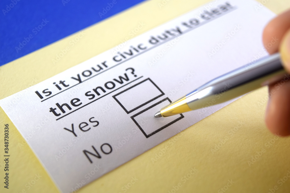 One person is answering question about cleaning snow and civic duty. One person is answering question about cleaning snow and civic duty.