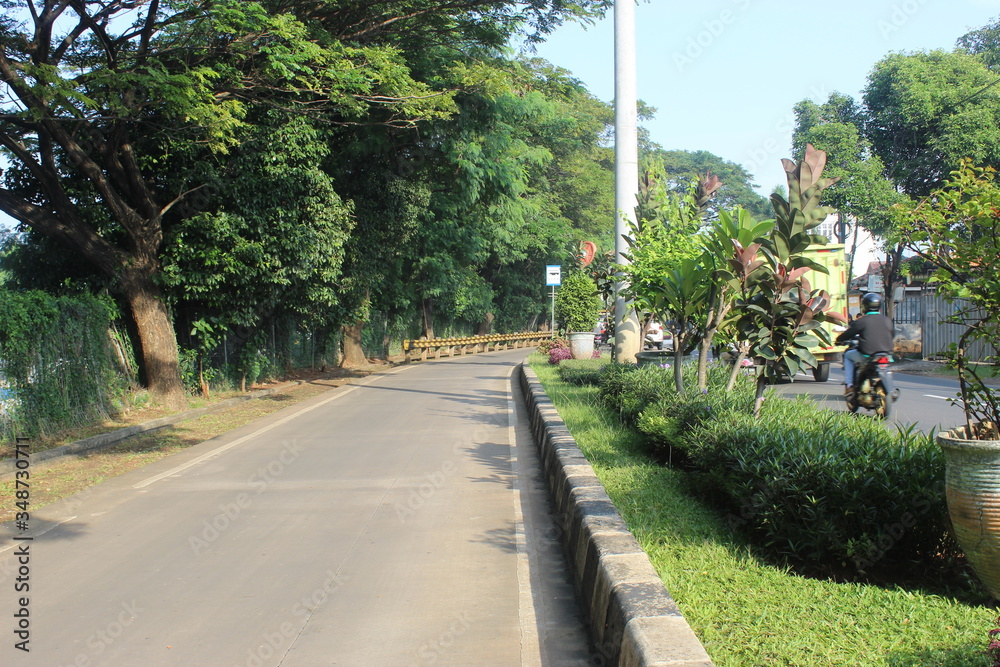 Obraz premium Park in the middle of the street Jakarta. Park to beautify the road. Greening program for public roads. Ornamental plant program on the road.