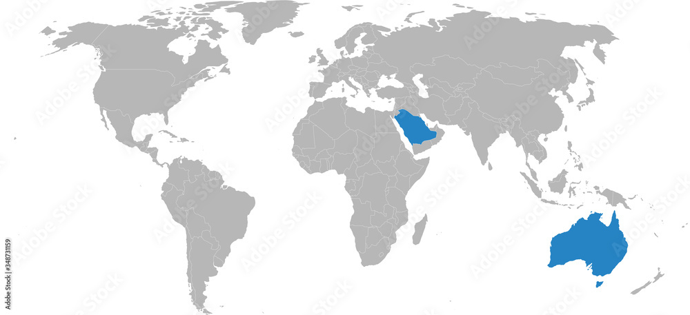 Saudi arabia, Australia countries isolated on world map. Light gray background. Business concepts, diplomatic, trade and transport relations. Saudi arabia, Australia countries isolated on world map. Light gray background. Business concepts, diplomatic, trade and transport relations.