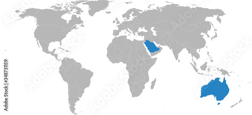 Saudi arabia, Australia countries isolated on world map. Light gray background. Business concepts, diplomatic, trade and transport relations.