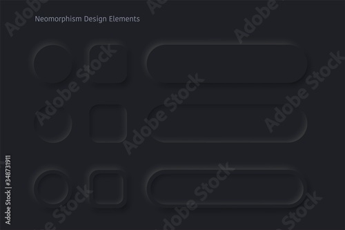 Vector editable neomorphic buttons set. Sliders for websites, mobile menu, navigation and apps. Simple elegant Neomorphism trendy 2020 designs element UI components isolated on black background.