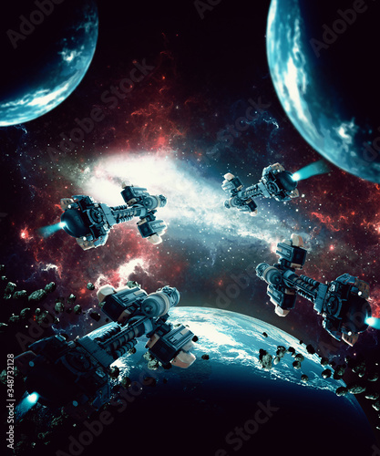 Digital 3D Illustration of a battle between Spaceships in space universe