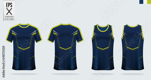 T-shirt mockup, sport shirt template design for soccer jersey, football kit. Tank top for basketball jersey or running singlet. Blue, Green Sport uniform in front view, back view. Shirt mock up Vector