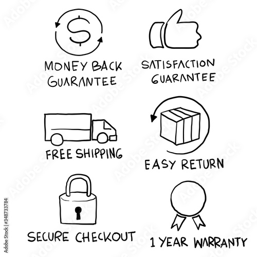 hand drawn E-commerce security badges risk-free shopping icons set doodle