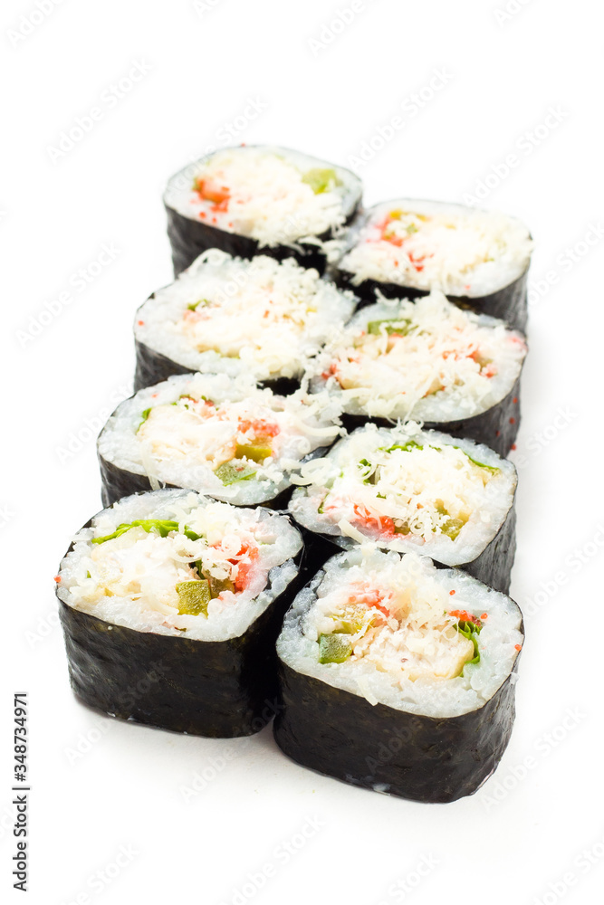 Sushi uramaki rolls with seaweed around them Sushi uramaki rolls with seaweed around them