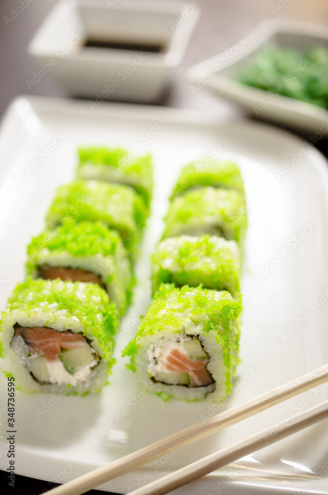 SPRING PHILADELPHIA MAKI sushi rolls with salmon SPRING PHILADELPHIA MAKI sushi rolls with salmon