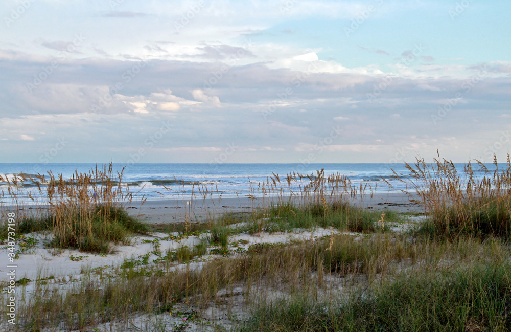 Florida beach with sand dune, sea oaks, waves and cloudy sky