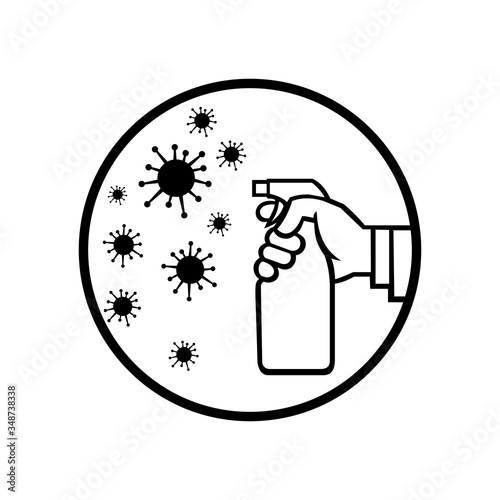Icon retro style illustration of a hand spraying disinfectant spray on  influenza flu virus or germ bacterial set inside circle on isolated background in black and white.