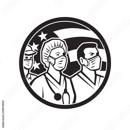 Icon retro style illustration of American healthcare provider, medical care worker, nurse or doctor as heroes wearing surgical mask with United States of America flag done in black and white.