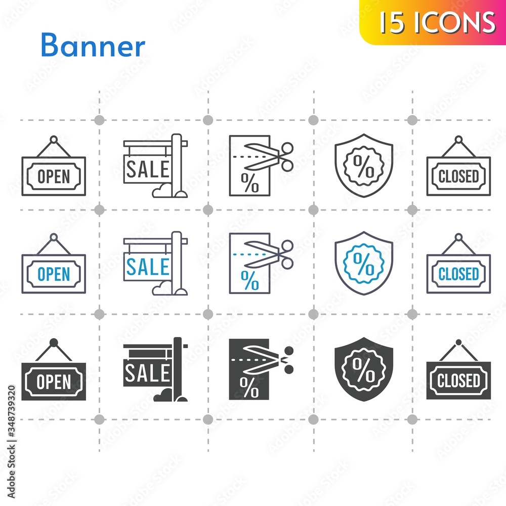 banner icon set. included sale, voucher, warranty, closed, open icons on white background. linear, bicolor, filled styles.