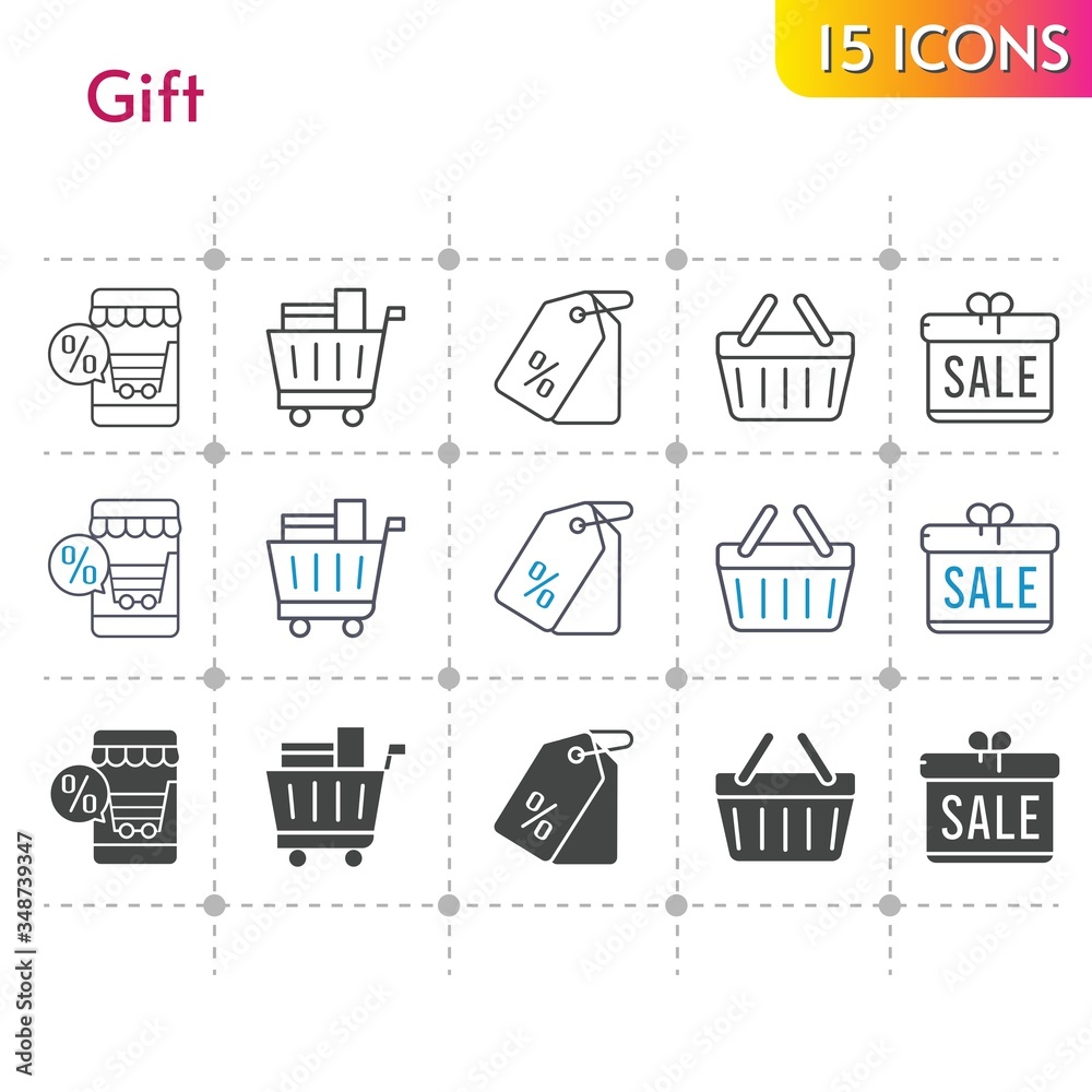 gift icon set. included gift, online shop, price tag, shopping cart, shopping-basket, shopping basket icons on white background. linear, bicolor, filled styles.