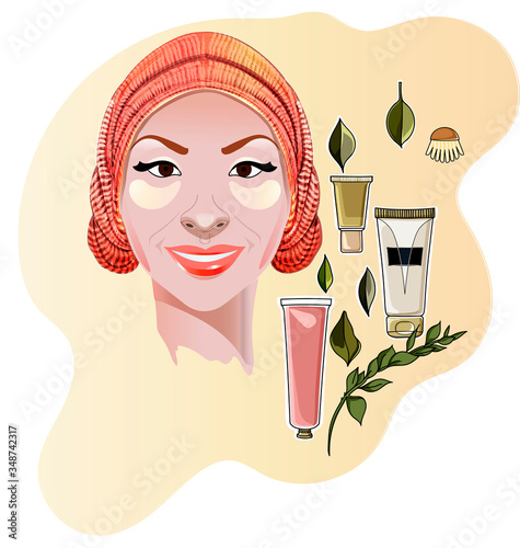 Portrait of  woman with  collagen eye patches and in towel. Graceful cosmetic bottles masks. sketch vector graphic color illustration on white background.