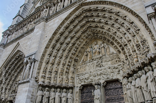 Facade of the Notre Dame Cathedral, Paris, France.