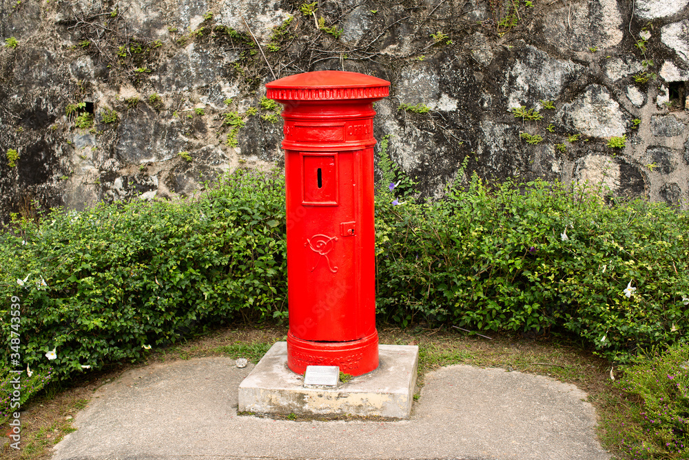 Bright red roadside mail posting box on Penang Hill Bright red roadside mail posting box on Penang Hill
