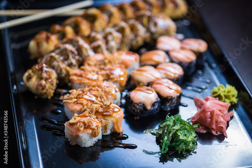 Hot Sushi set with various maki and uramaki sushi