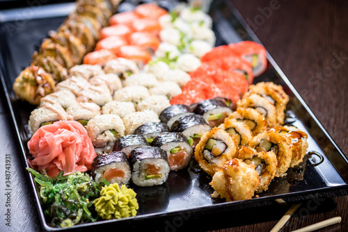 Sushi set with various maki and uramaki sushi type