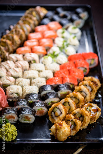 Sushi set with various maki and uramaki sushi type