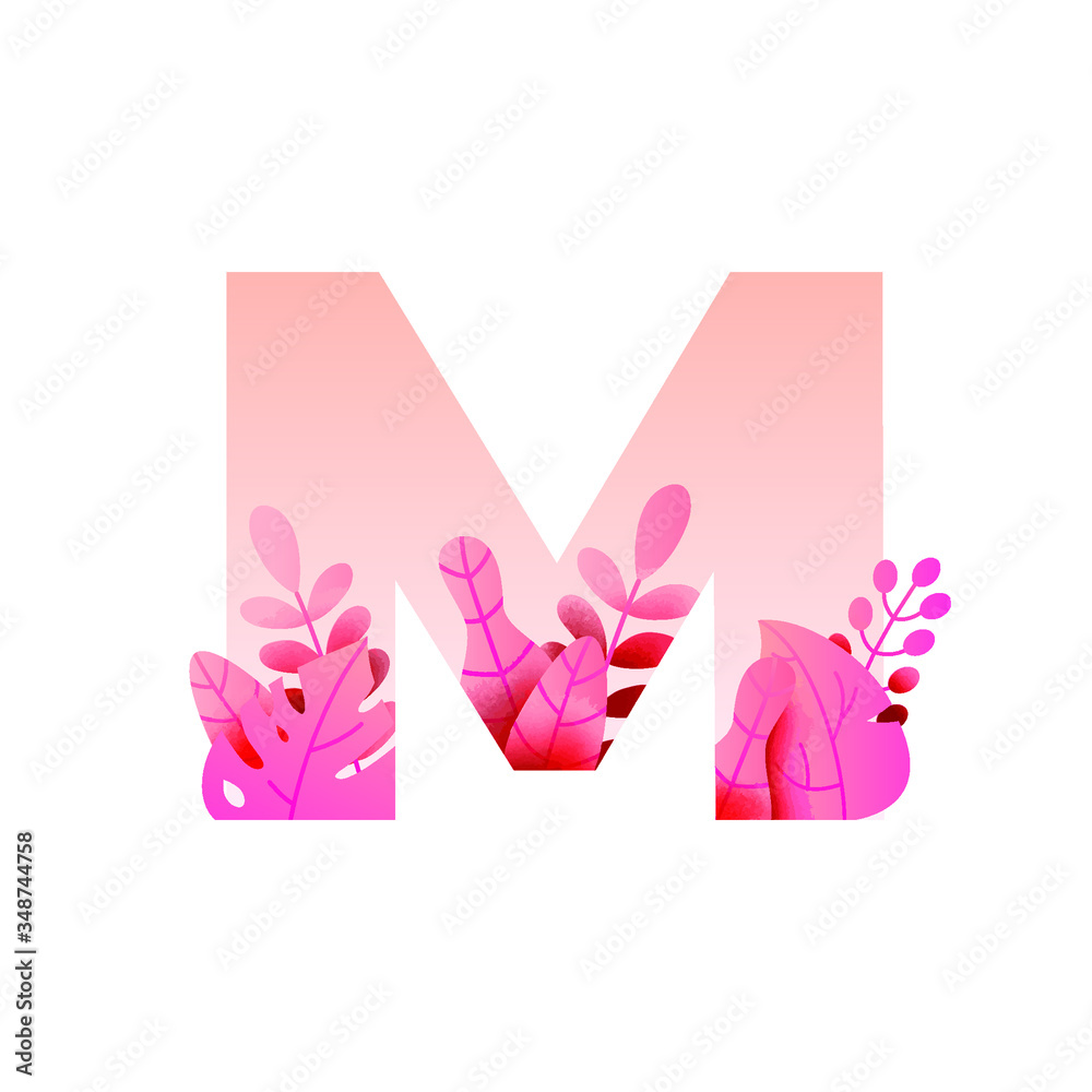 Botanical Alphabet Series - Letter M vector with botanic branch bouquet composition