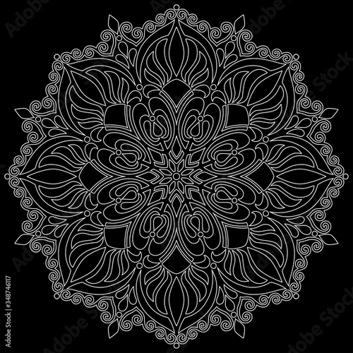 White outline mandala on a black doodles sketch