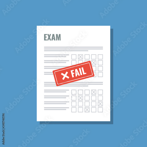 exam sheet with red fail stamp, flat vector illustration