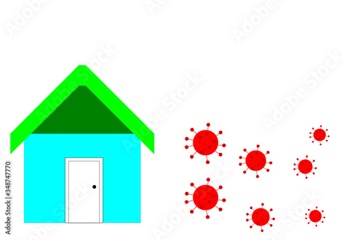 vector multi color cute cartoon home with red virus isolate on white background . stay at home virus protection  concept 