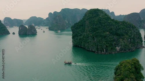 HALONG BAY, VIETNAM - APRIL, 2020: Aerial panorama view of rocky islands with tropical forests of Halong Bay in Vietnam.