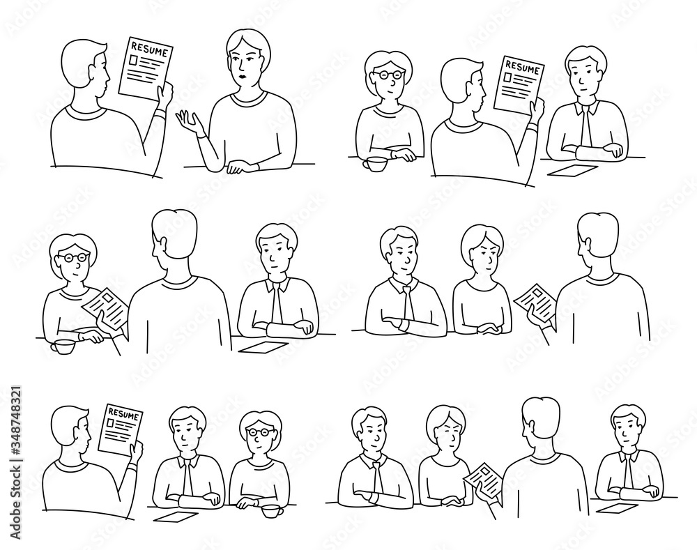 HR interview sketch set. Employee screening, talking with a job applicant. Male recruiter hired, reading resume. Hand drawn. Contour line. Vector cartoon. HR interview sketch set. Employee screening, talking with a job applicant. Male recruiter hired, reading resume. Hand drawn. Contour line. Vector cartoon.