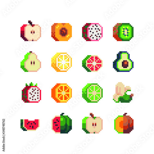 16px top-down fruits icons set  pixel art  apple  peach  pitahaya  kiwi  pear  orange  avocado  lime  banana  watermelon and melon. Design for logo  sticker and app. Isolated vector illustration.