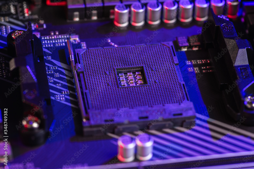 Socket am4. Close up of the AM4 socket for the motherboard with neon ...
