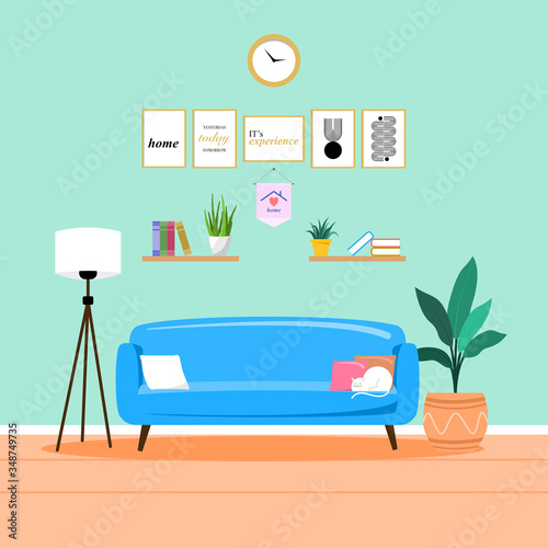 Living room interior vector design. Sofa, chair, house plants, window ,TV and lamp. Vector flat illustration about interior