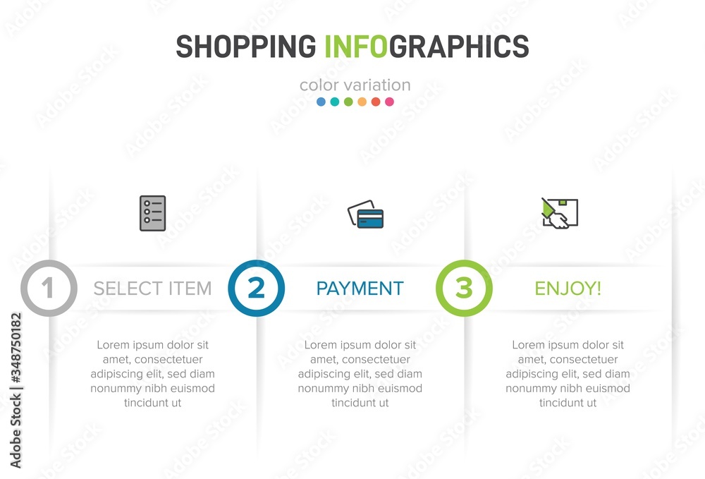 Concept of shopping process with 3 successive steps. Three colorful graphic elements. Timeline design for brochure, presentation, web site. Infographic design layout.