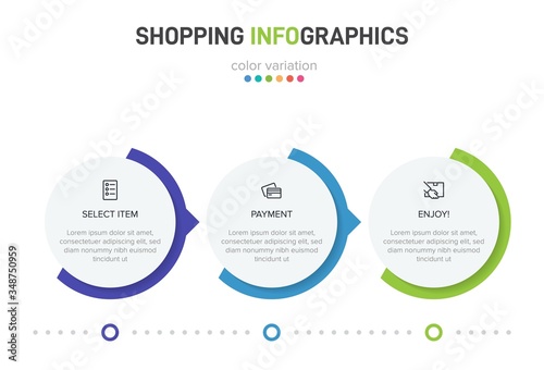 Concept of shopping process with 3 successive steps. Three colorful graphic elements. Timeline design for brochure, presentation, web site. Infographic design layout.