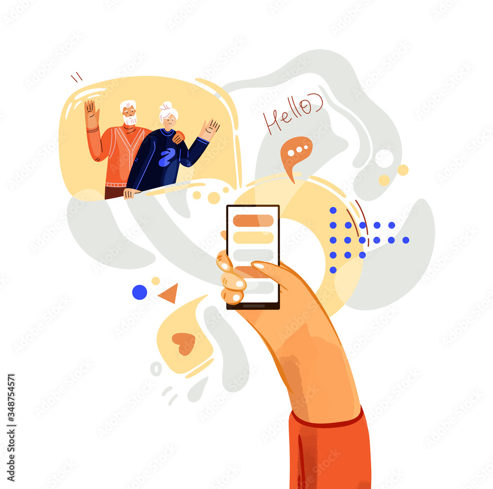 Hand with phone vector illustration, concept about online video call with friends and parents, grandparents. Family online meeting with smartphone, family communication Hand with phone vector illustration, concept about online video call with friends and parents, grandparents. Family online meeting with smartphone, family communication