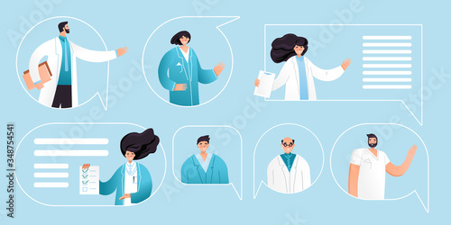 Vector flat illustration of professional medic team with pointing gestures in speech bubbles. Cartoon doctor characters set - man, woman, nurses and doctors showing information as online consultation