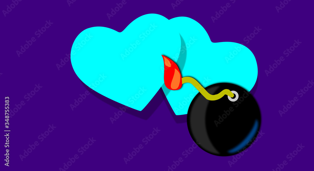 Fototapeta premium Relationship error. Toxic love concept. Illustration of two hearts and bomb. Modern and elegant design. Warning, dangerous feelings. Faulty affinity.