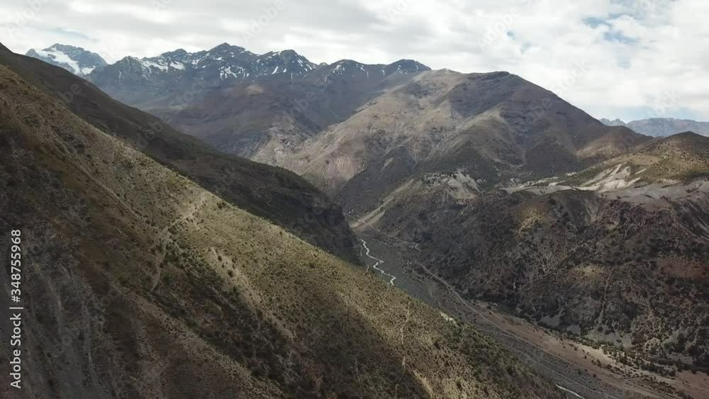 Drone Aerial View of Maipo Canyon Under Andes Mountain Peaks, Chile Drone Aerial View of Maipo Canyon Under Andes Mountain Peaks, Chile