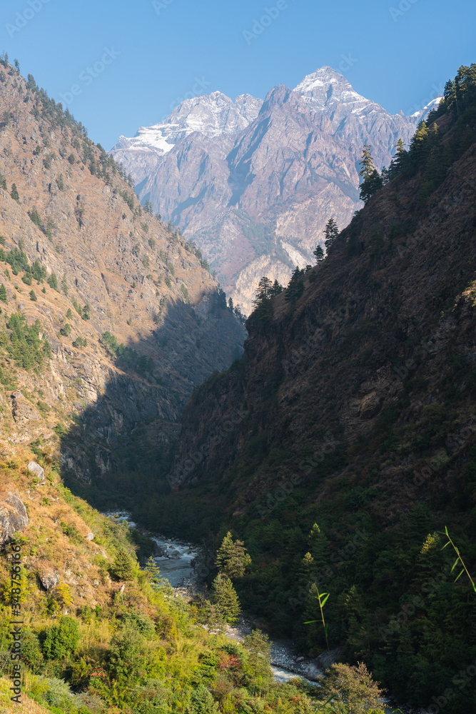 Landscape of Manaslu circuit trekking route  surrounded by Himalaya mountains range in Nepal