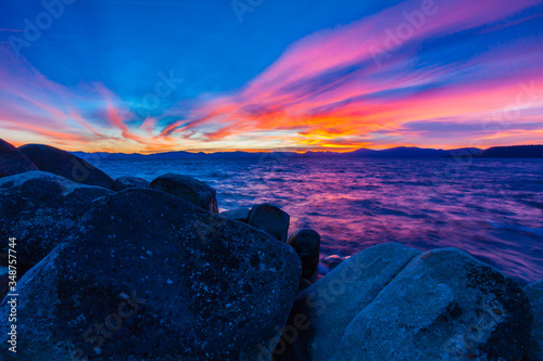 Sunset Over Lake Tahoe and the Rocky Cove at Sand Harbor  Lake Tahoe  Nevada  USA
