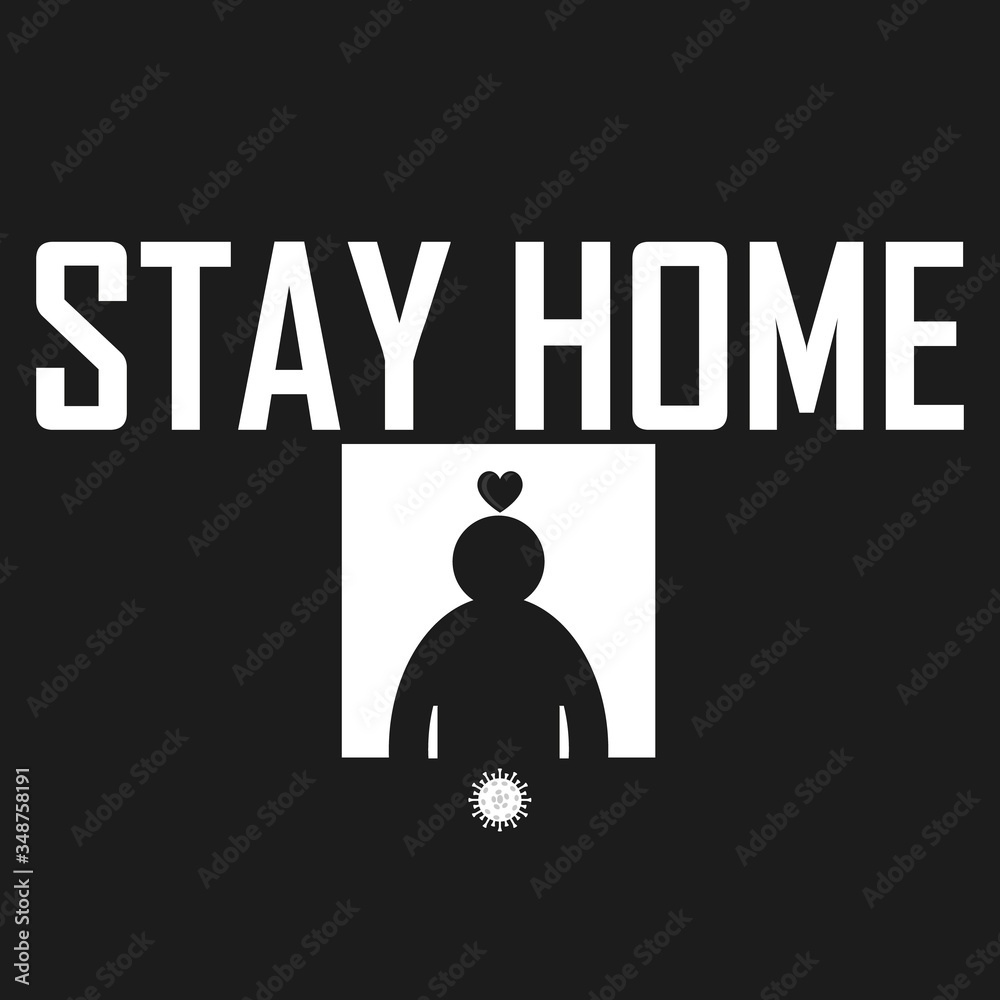 Stay at home slogan with window and man inside. Social distance concept. Protection humans from coronavirus, covid 19. Stay home quote, text, hashtag. Vector social illustration.