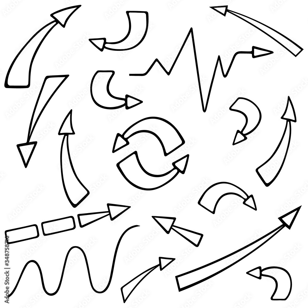 Arrows Vector collection. Set of business and ecology icons. Contour on an isolated white background. Doodle style. Sketch. Symbols Iconography. Illustration for web design, instructions. Arrows Vector collection. Set of business and ecology icons. Contour on an isolated white background. Doodle style. Sketch. Symbols Iconography. Illustration for web design, instructions.