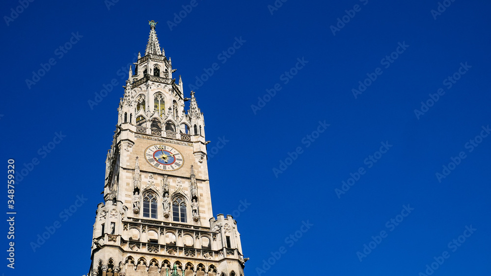 New town hall/Neues Rathaus. Building in Munich, on Marienplatz square against a clear blue sky on a Sunny summer day.The building for the work of the city government, Council and management.Template.