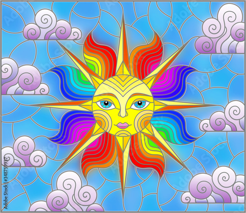 Illustration in stained glass style with fabulous sun with the face on the background of sky and clouds  oval image