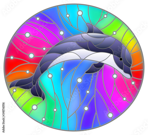 Illustration in the style of stained glass with dolphin on a rainbow background  and air bubbles