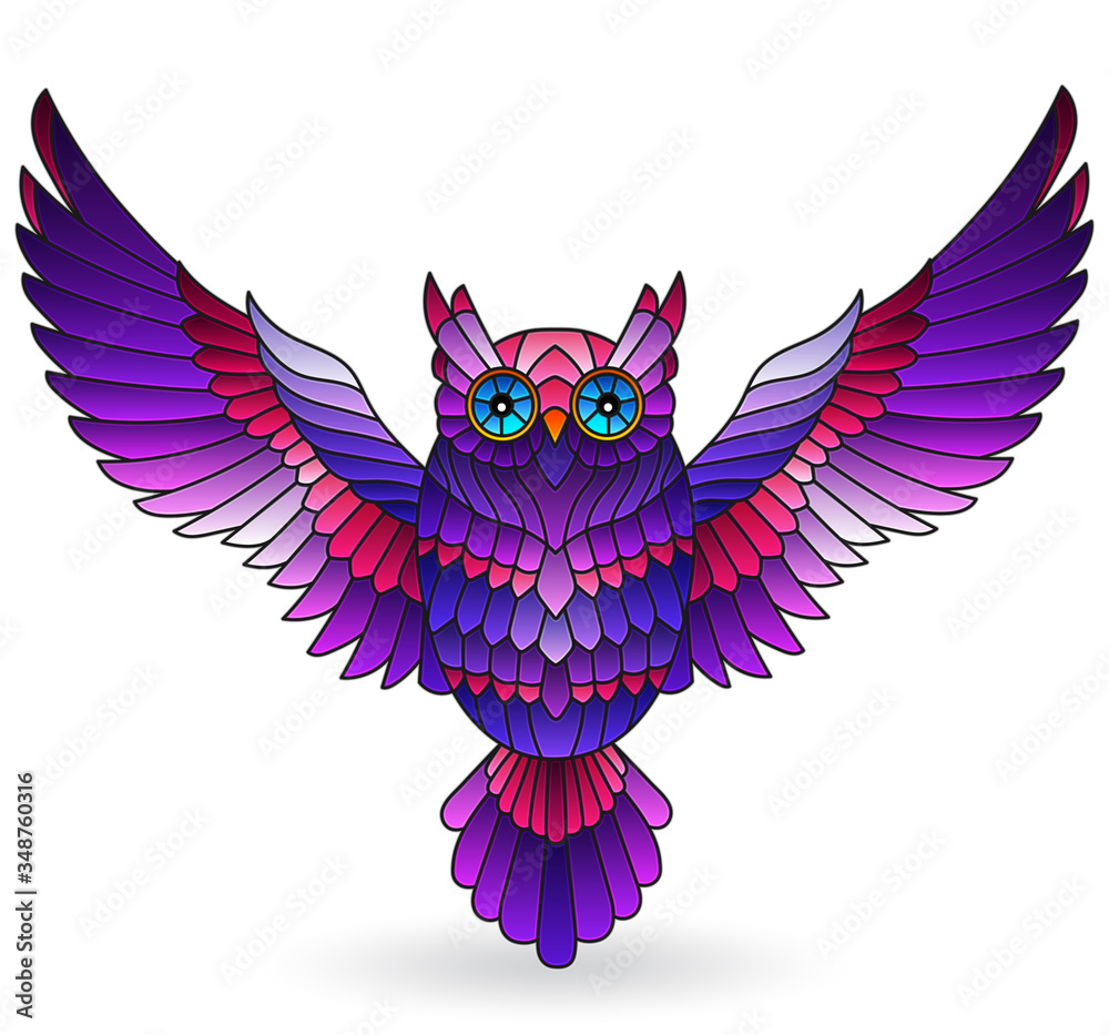 Obraz premium Stained glass illustration with purple owl, bright bird isolated on white background