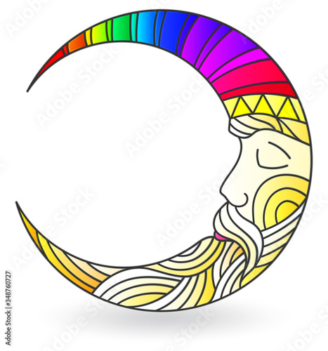 Stained glass illustration  with a  moon with faces, isolated on a white background 